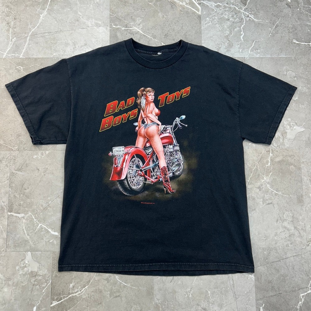 90s Vintage Biker Pin Up Graphic Tee Men XL Bad Boys Toys Pinup Girl Rally Shirt